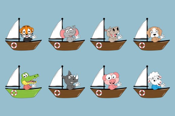 Cute Animal Cartoon with Boat Graphic: A Playful Design Asset